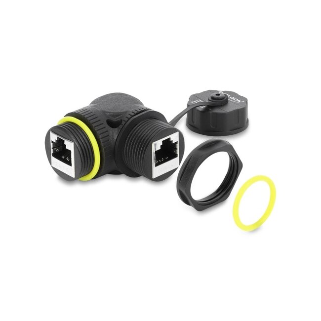 Delock Cable Connector RJ45 jack to RJ45 jack Cat.6 with M23 x 1.5 mm thread and protective cap 90° angled IP68 dust and waterproof black