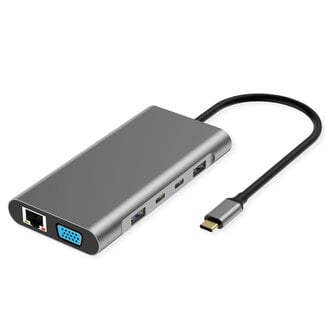 Value VALUE USB Type-C dockingstation, 2x HDMI (4K60 en 4K30), 1x DP 4K60, 1x VGA, 1x Gb Ethernet, 2x USB-C, 2x USB-A (3.2 Gen1 en USB 2.0), 1x Type-C PD