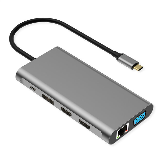 VALUE USB Type-C dockingstation, 2x HDMI (4K60 en 4K30), 1x DP 4K60, 1x VGA, 1x Gb Ethernet, 2x USB-C, 2x USB-A (3.2 Gen1 en USB 2.0), 1x Type-C PD