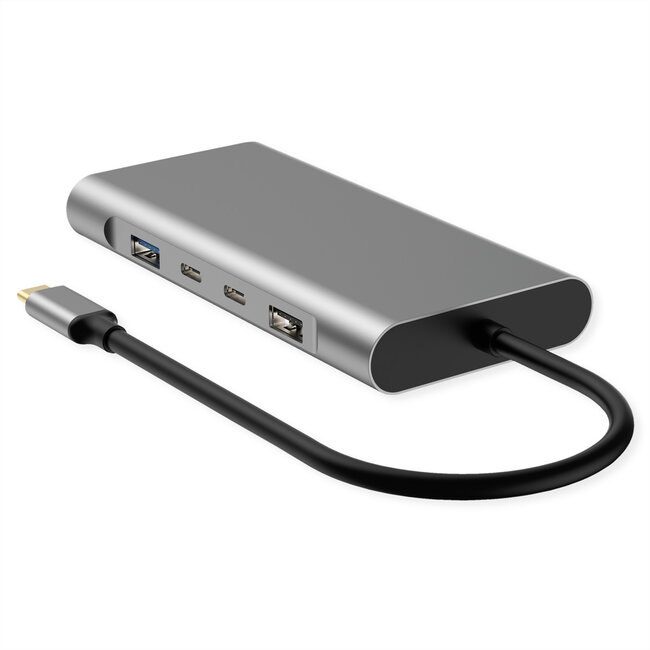 VALUE USB Type-C dockingstation, 2x HDMI (4K60 en 4K30), 1x DP 4K60, 1x VGA, 1x Gb Ethernet, 2x USB-C, 2x USB-A (3.2 Gen1 en USB 2.0), 1x Type-C PD
