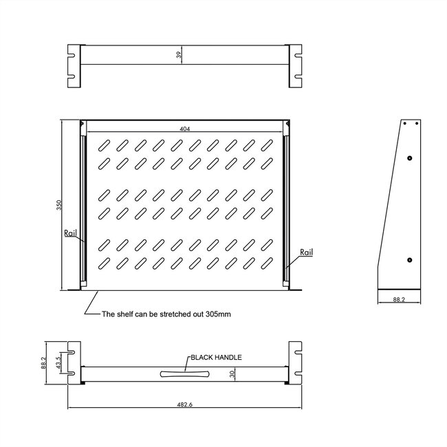 VALUE 19"-plank uitschuifbaar, 2 HE, 404 x 350 mm, 30 kg draagvermogen