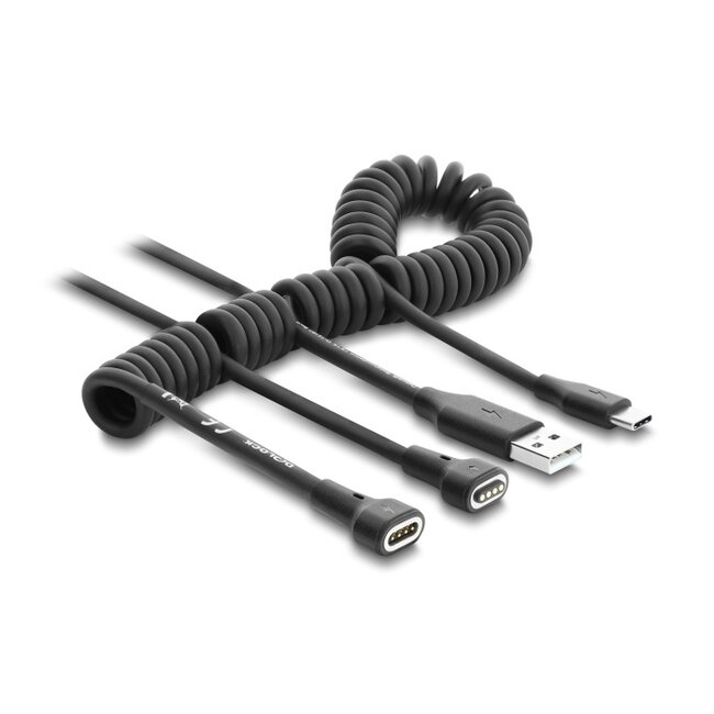 Delock Magnetic Coiled Cable USB 2.0 Type-A male to Pogo 4 pin male + USB Type-C™ male to Pogo 4 pin female set black 1.5 m