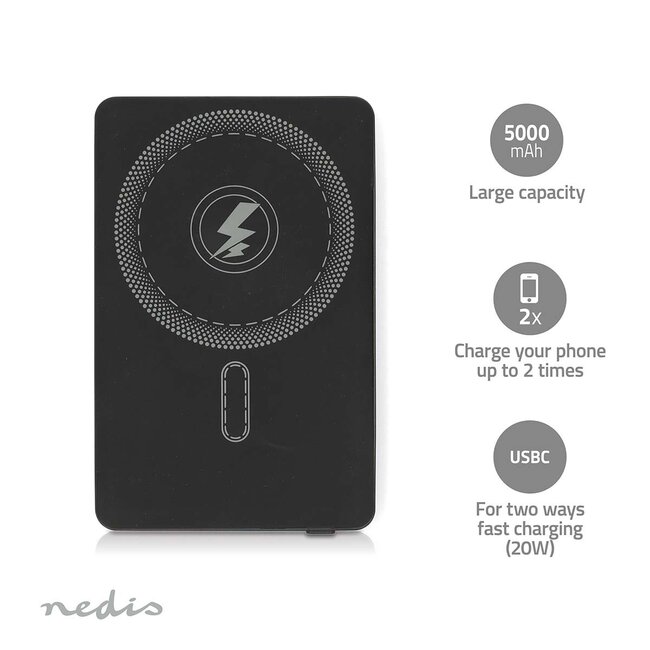 Nedis powerbank | draadloos laden + USB-C PD 20W | Qi + MagSafe | 5.000 mAh