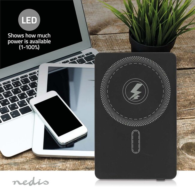 Nedis powerbank | draadloos laden + USB-C PD 20W | Qi + MagSafe | 5.000 mAh