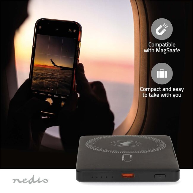 Nedis powerbank | draadloos laden + USB-C PD 20W | Qi + MagSafe | 5.000 mAh