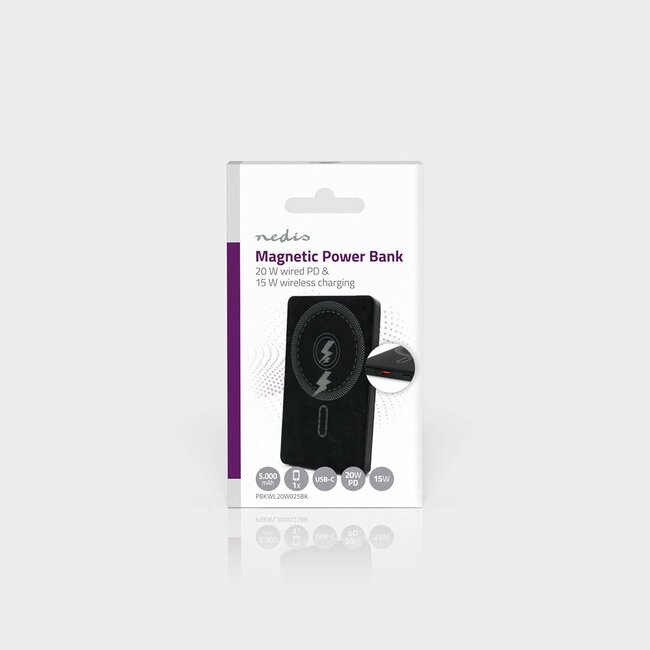 Nedis powerbank | draadloos laden + USB-C PD 20W | Qi + MagSafe | 5.000 mAh