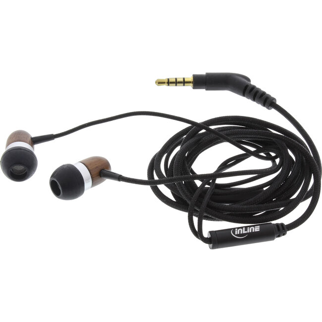 InLine® woodin-ear, in-ear headset met kabelmicrofoon en functietoets, walnoot