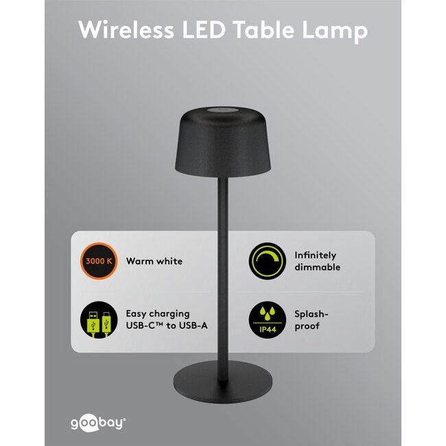 Goobay LED-tafellamp | 25 cm hoog | warm wit | dimbaar | oplaadbaar (USB-C) | zwart | IP44