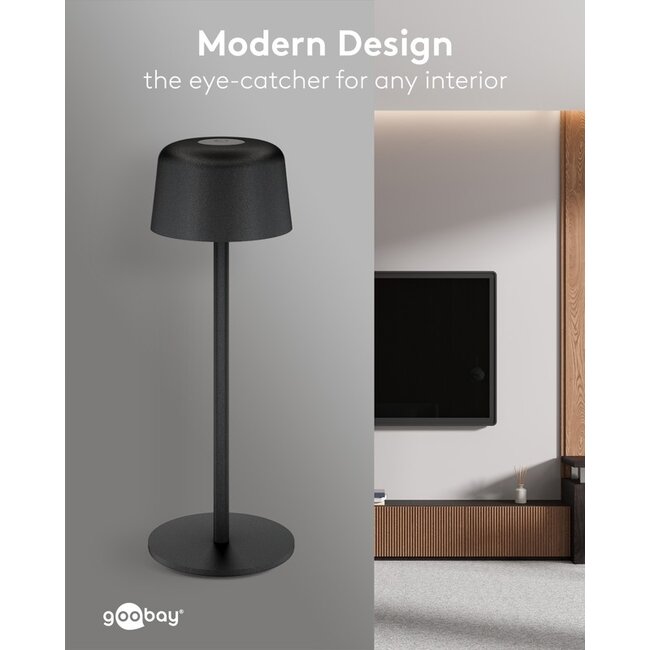 Goobay LED-tafellamp | 25 cm hoog | warm wit | dimbaar | oplaadbaar (USB-C) | zwart | IP44