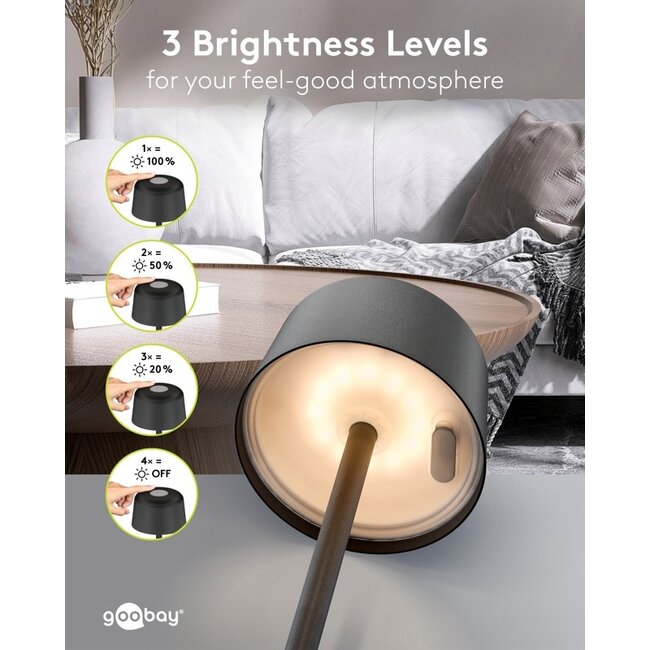 Goobay LED-tafellamp | 25 cm hoog | warm wit | dimbaar | oplaadbaar (USB-C) | zwart | IP44