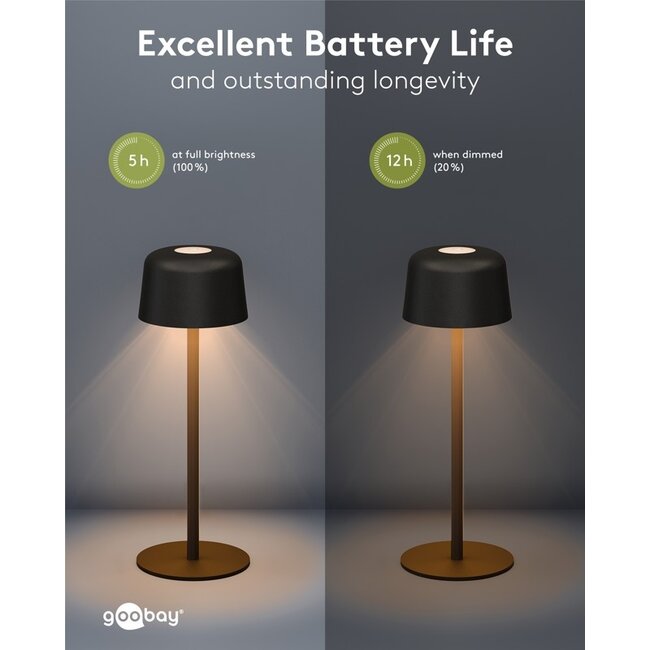 Goobay LED-tafellamp | 25 cm hoog | warm wit | dimbaar | oplaadbaar (USB-C) | zwart | IP44