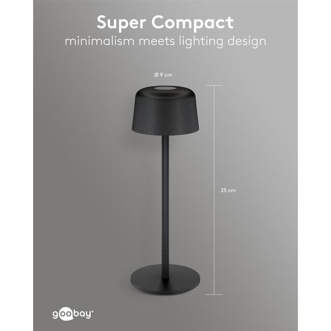 Goobay LED-tafellamp | 25 cm hoog | warm wit | dimbaar | oplaadbaar (USB-C) | zwart | IP44