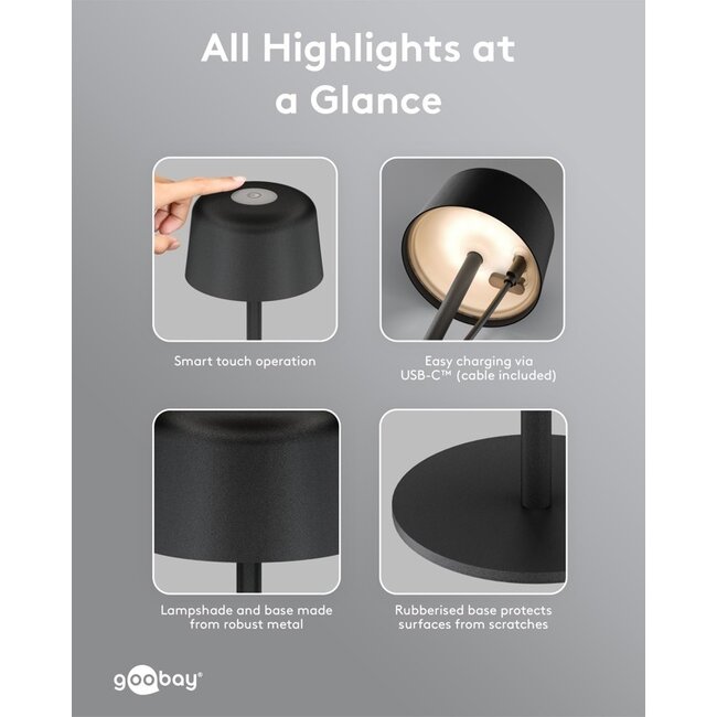 Goobay LED-tafellamp | 25 cm hoog | warm wit | dimbaar | oplaadbaar (USB-C) | zwart | IP44