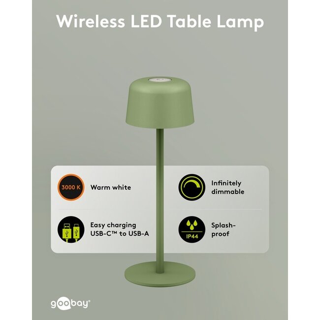 Goobay LED-tafellamp | 25 cm hoog | warm wit | dimbaar | oplaadbaar (USB-C) | groen | IP44
