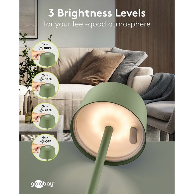 Goobay LED-tafellamp | 25 cm hoog | warm wit | dimbaar | oplaadbaar (USB-C) | groen | IP44