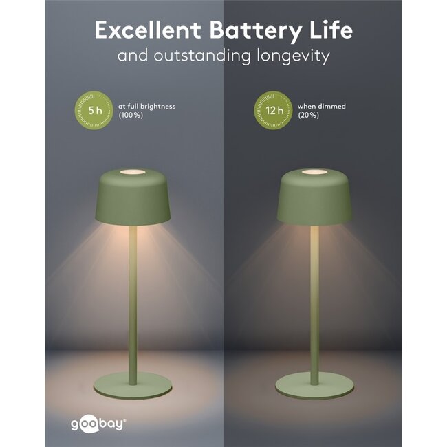 Goobay LED-tafellamp | 25 cm hoog | warm wit | dimbaar | oplaadbaar (USB-C) | groen | IP44