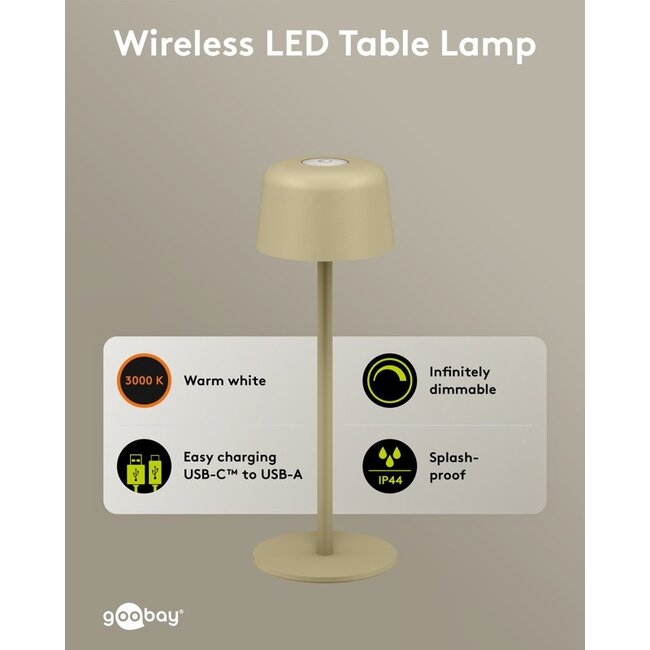Goobay LED-tafellamp | 25 cm hoog | warm wit | dimbaar | oplaadbaar (USB-C) | beige | IP44
