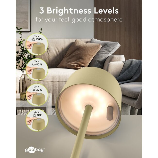 Goobay LED-tafellamp | 25 cm hoog | warm wit | dimbaar | oplaadbaar (USB-C) | beige | IP44