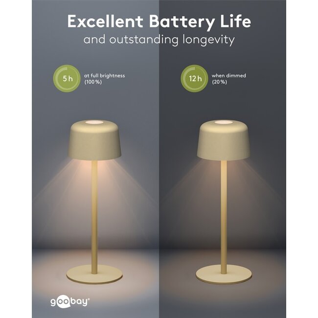 Goobay LED-tafellamp | 25 cm hoog | warm wit | dimbaar | oplaadbaar (USB-C) | beige | IP44