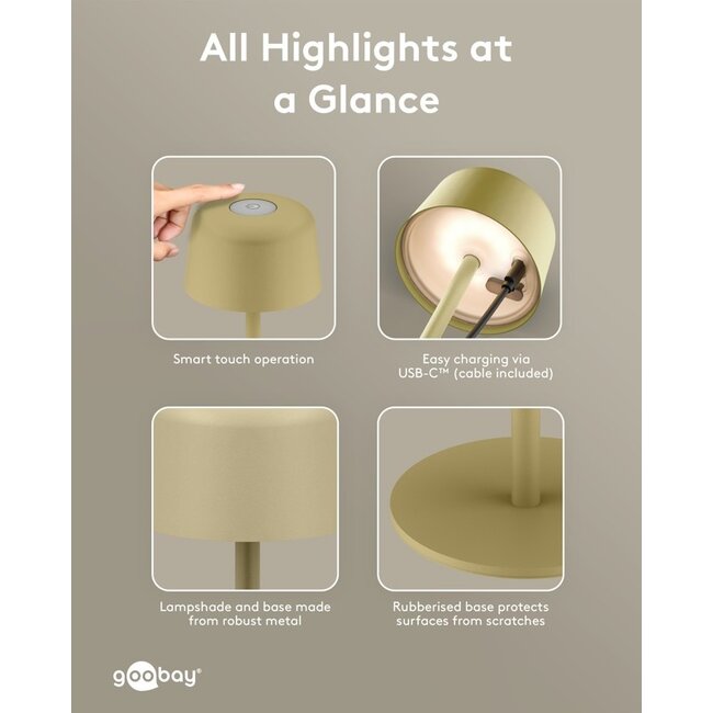 Goobay LED-tafellamp | 25 cm hoog | warm wit | dimbaar | oplaadbaar (USB-C) | beige | IP44