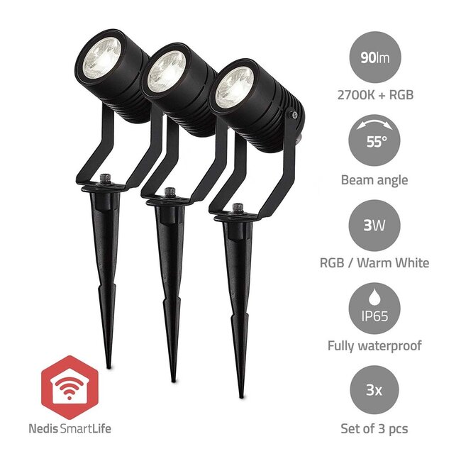 Nedis SmartLife buitenlamp set | 3 spots met grondpin | Zigbee | RGB + warm-wit | IP65