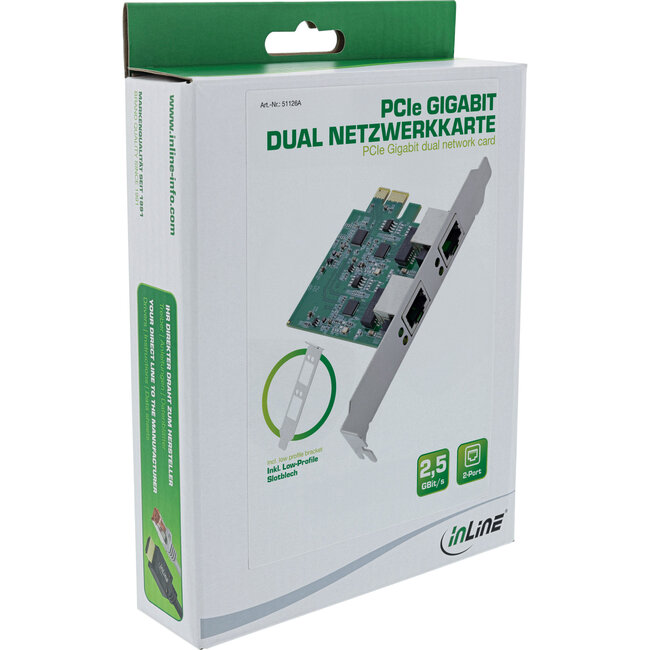 InLine® Dual Gigabit netwerkkaart, 2x RJ45 2,5Gb/s, PCIe x1, met LP slot bracket