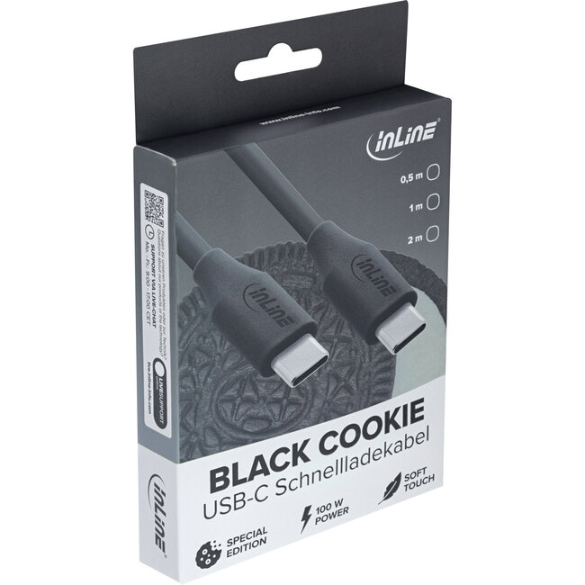 InLine® USB 2.0-kabel, USB-C-snelladingskabel 100 W, Black Cookie/zwart 2m