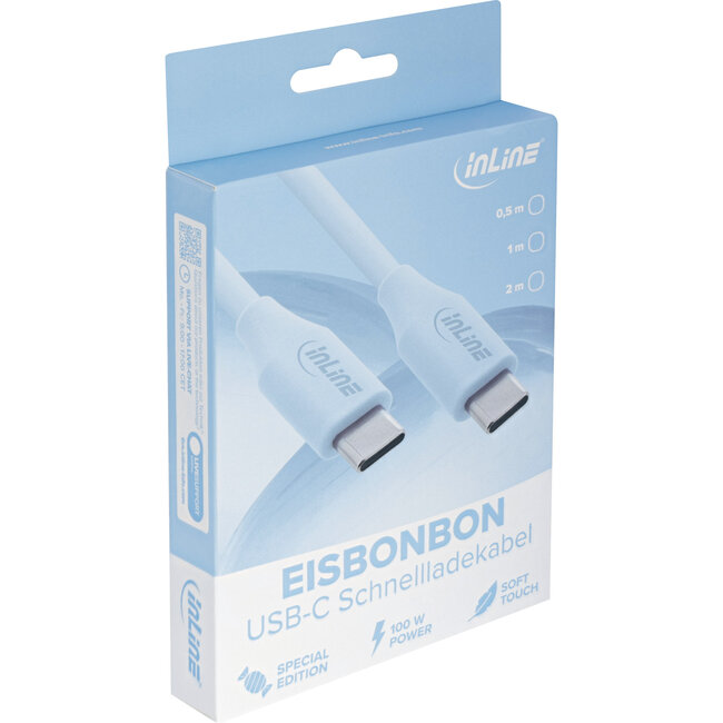 InLine® USB 2.0-kabel, USB-C-snelladingskabel 100 W, ijsbonbon/blauw 2m