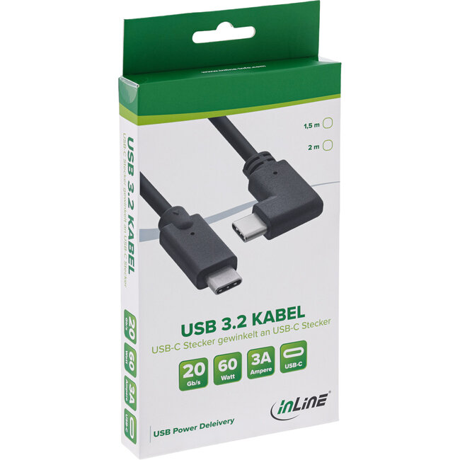 InLine® USB-C kabel, schuin, USB 3.2 Gen.2x2, 20Gb/s, 100W, zwart, 2m