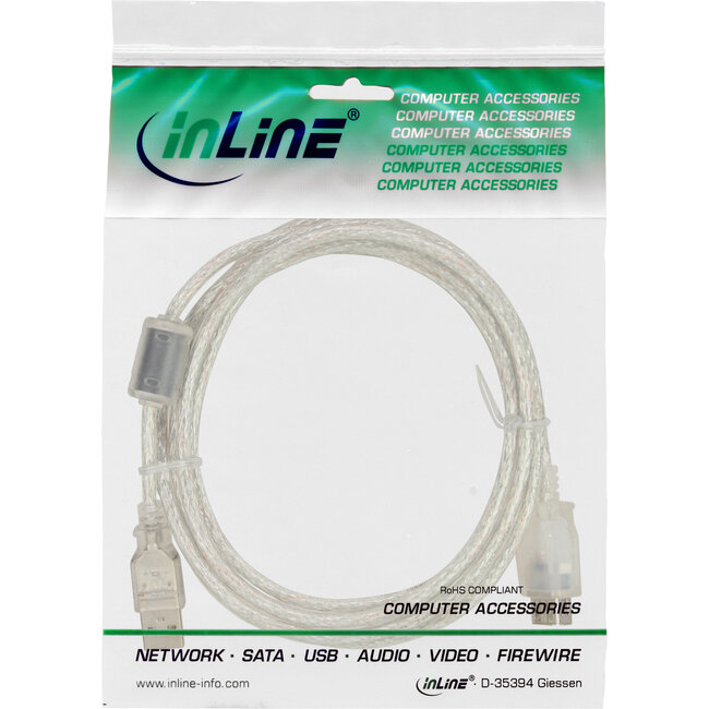 InLine® USB 2.0 verlengkabel type A met ferrietkern, transparant, 2m