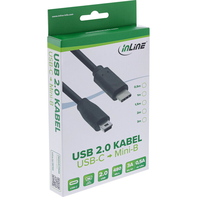 InLine® USB 2.0-kabel, USB-C-stekker naar Mini-B-stekker, zwart, 1,5m