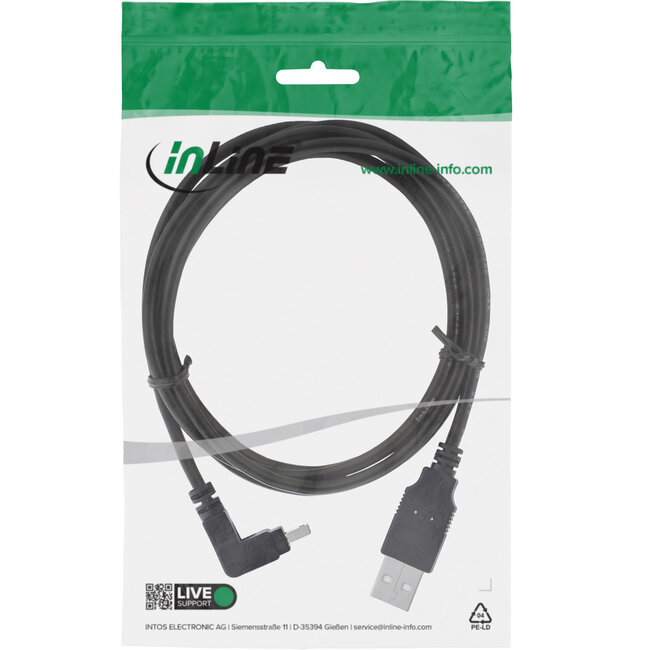 InLine® USB 2.0-minikabel, male A/Mini-B male 5-pin top haaks 90°, zwart, 1,5m