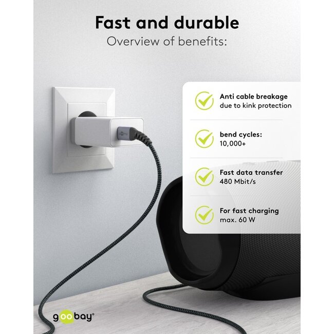 Goobay USB-C kabel | USB2.0 | PD 60W | nylon | 0,50 meter