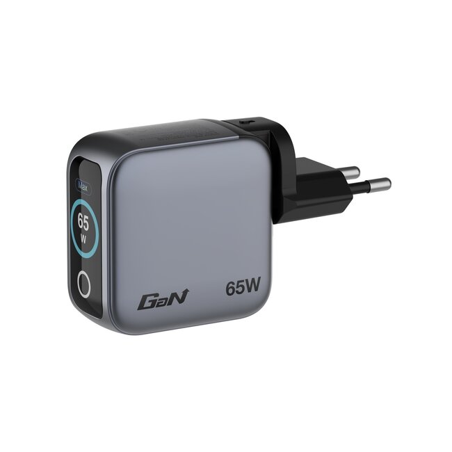 Verbatim USB lader met display | 2x USB-C PD en 1x USB-A QC | incl. USB-C kabel | GaN | 65W | grijs