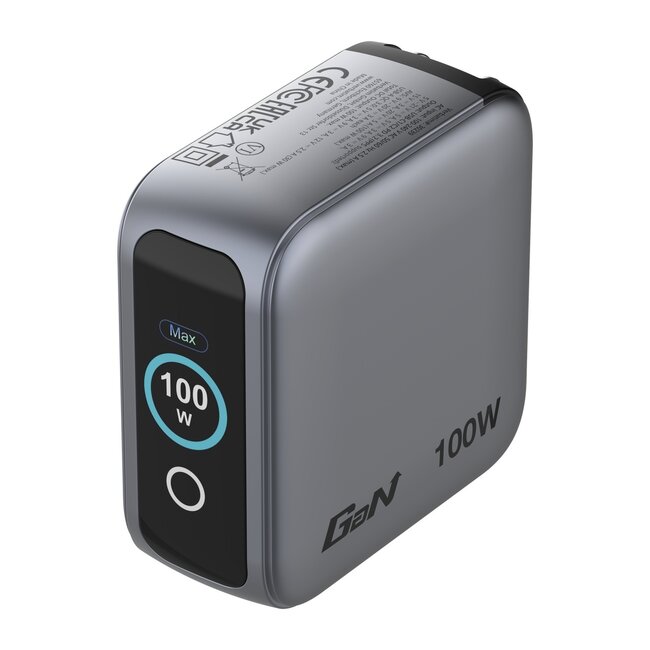 Verbatim USB lader met display | 2x USB-C PD en 1x USB-A QC | incl. USB-C kabel | GaN | 100W | grijs