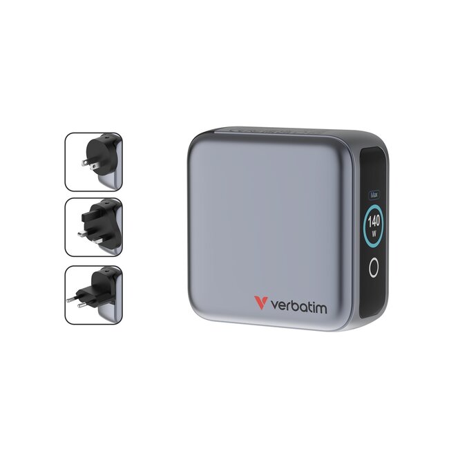 Verbatim USB lader met display | 3x USB-C PD en 1x USB-A QC | incl. USB-C kabel | GaN | 140W | grijs