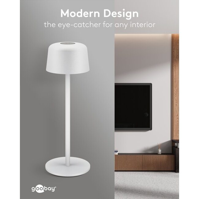 Goobay LED-tafellamp | 25 cm hoog | warm wit | dimbaar | oplaadbaar (USB-C) | wit | IP44