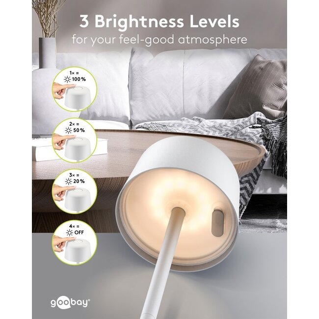 Goobay LED-tafellamp | 25 cm hoog | warm wit | dimbaar | oplaadbaar (USB-C) | wit | IP44