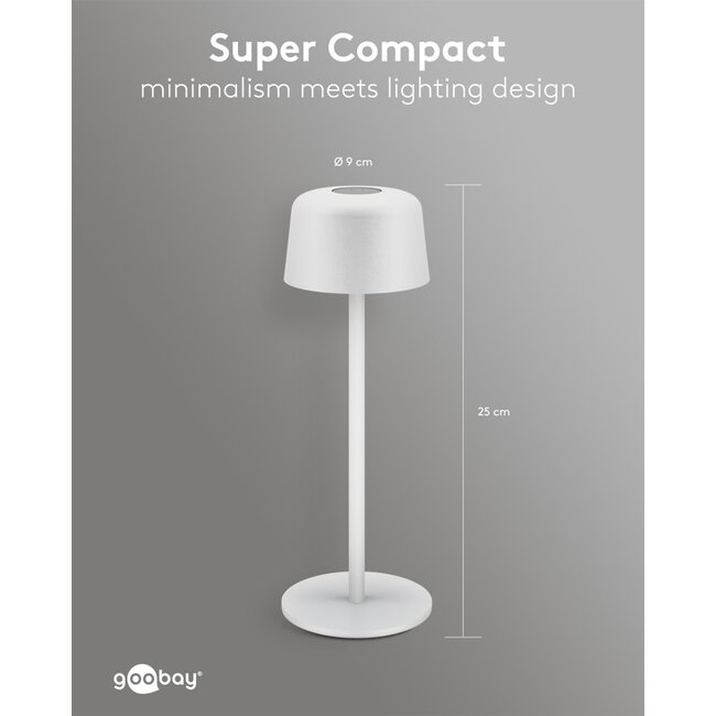 Goobay LED-tafellamp | 25 cm hoog | warm wit | dimbaar | oplaadbaar (USB-C) | wit | IP44