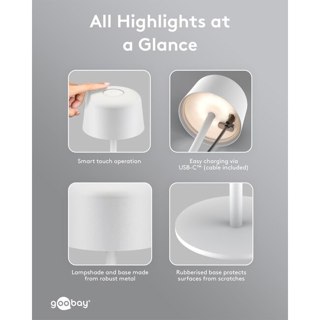 Goobay LED-tafellamp | 25 cm hoog | warm wit | dimbaar | oplaadbaar (USB-C) | wit | IP44