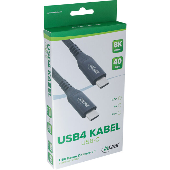 InLine® USB4-kabel, USB-C male/male, 8K60Hz, zwart, 0,5m
