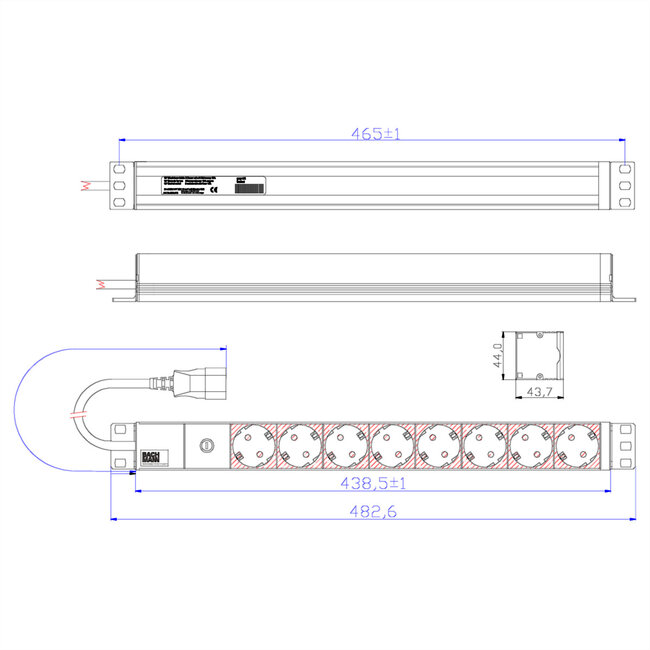 BACHMANN 19" stekkerdoos 8-voudig, 2300W, IEC320 C14 stekker, 8 m