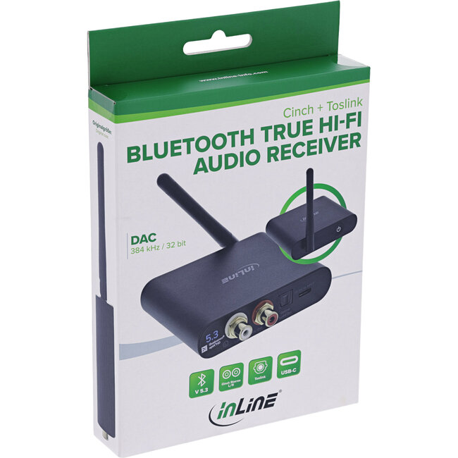 InLine® Bluetooth True Hi-Fi-audio-ontvanger, DAC, BT5.3, RCA + Toslink
