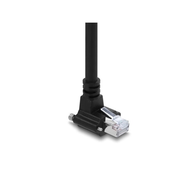 Delock GigE Camera Cable RJ45 plug 90° angled with screws, connector length 28 mm to RJ45 plug Cat.6 S/FTP 10 m black
