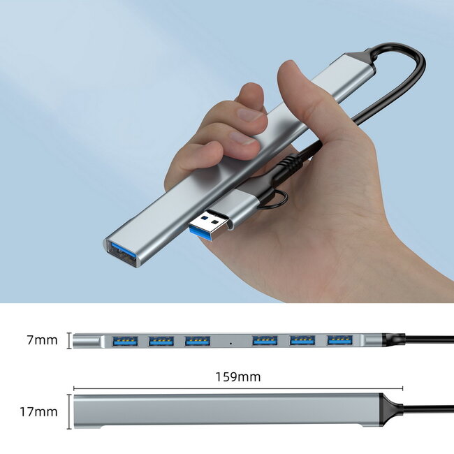 7-poorts USB-hub (1x USB 3.2 + 6x USB 2.0), USB-A + USB-C, zilver