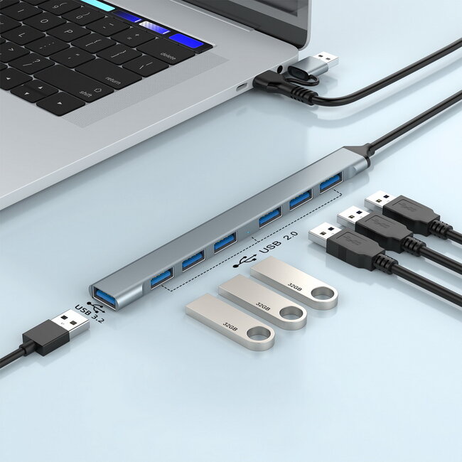 7-poorts USB-hub (1x USB 3.2 + 6x USB 2.0), USB-A + USB-C, zilver