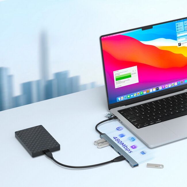 7-poorts USB-hub (1x USB 3.2 + 6x USB 2.0), USB-A + USB-C, zilver