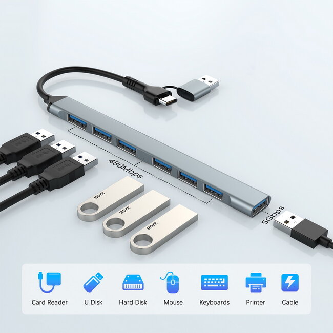 7-poorts USB-hub (1x USB 3.2 + 6x USB 2.0), USB-A + USB-C, zilver