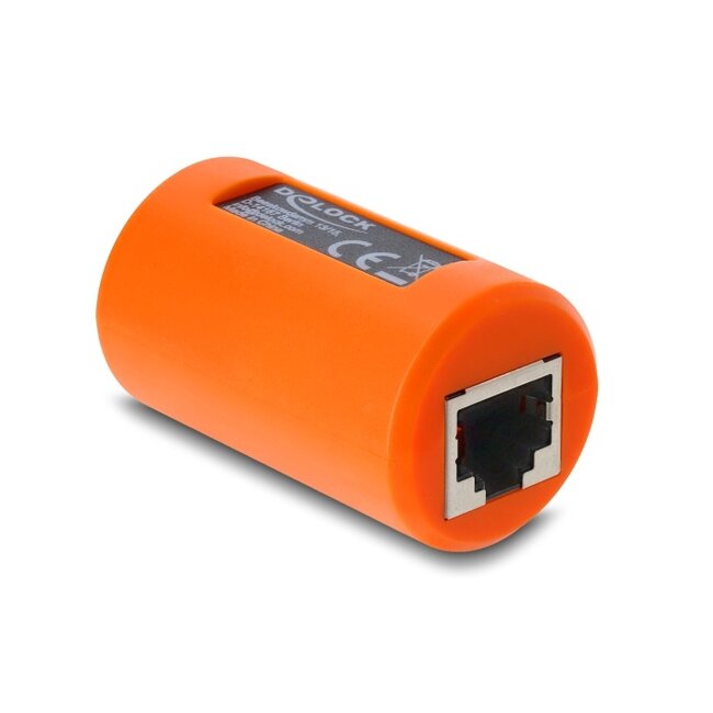 Delock Adapter Coupler RJ45 jack to jack Cat.6A shielded with surge protection round orange