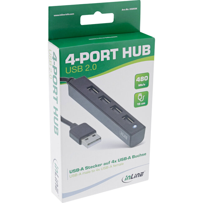 InLine® USB 2.0 4-poorts hub, USB-A male naar 4x USB-A female, kabel 15cm